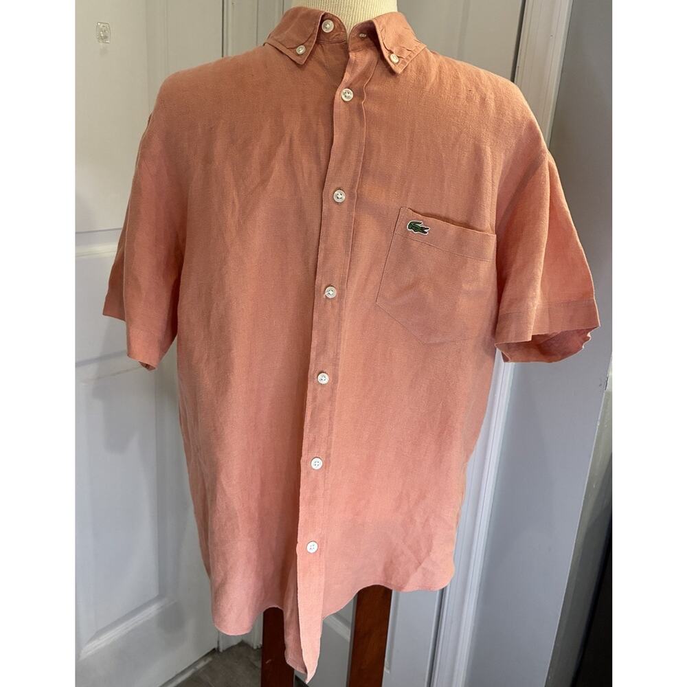 Lacoste Men's Size 42 Coral/Pink Linen Blend Regular Fit Button Down Shirt Med